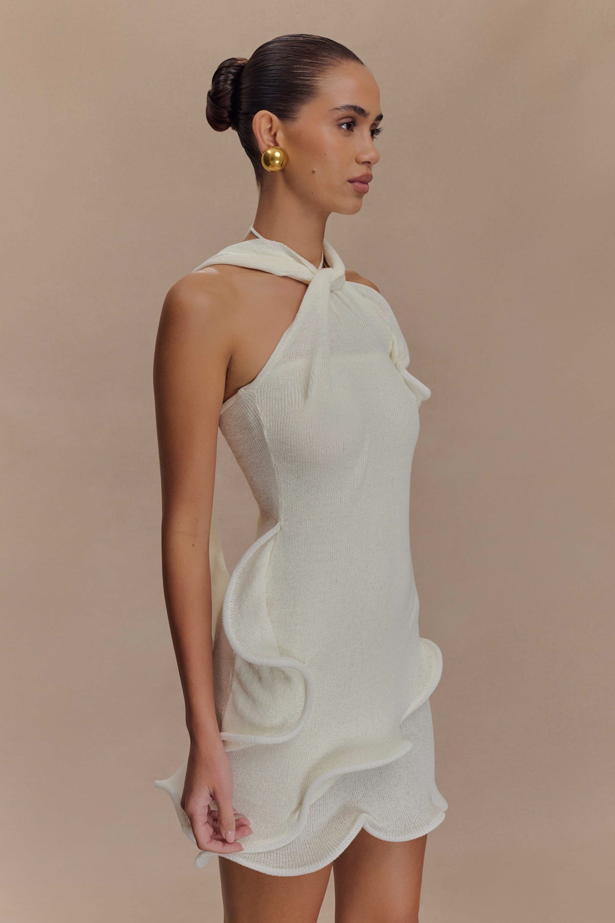 Caprice Beyaz Halter Yaka Triko Mini Elbise