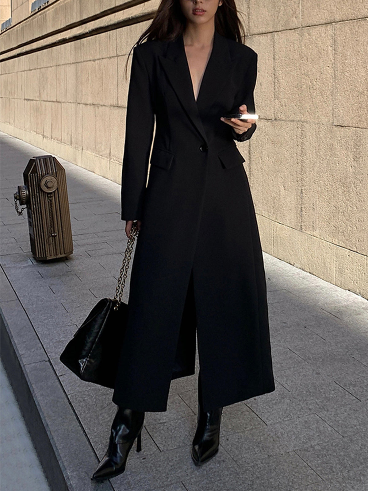 Yaka Cepli Blazer Ceket Siyah Uzun Kol Elegant