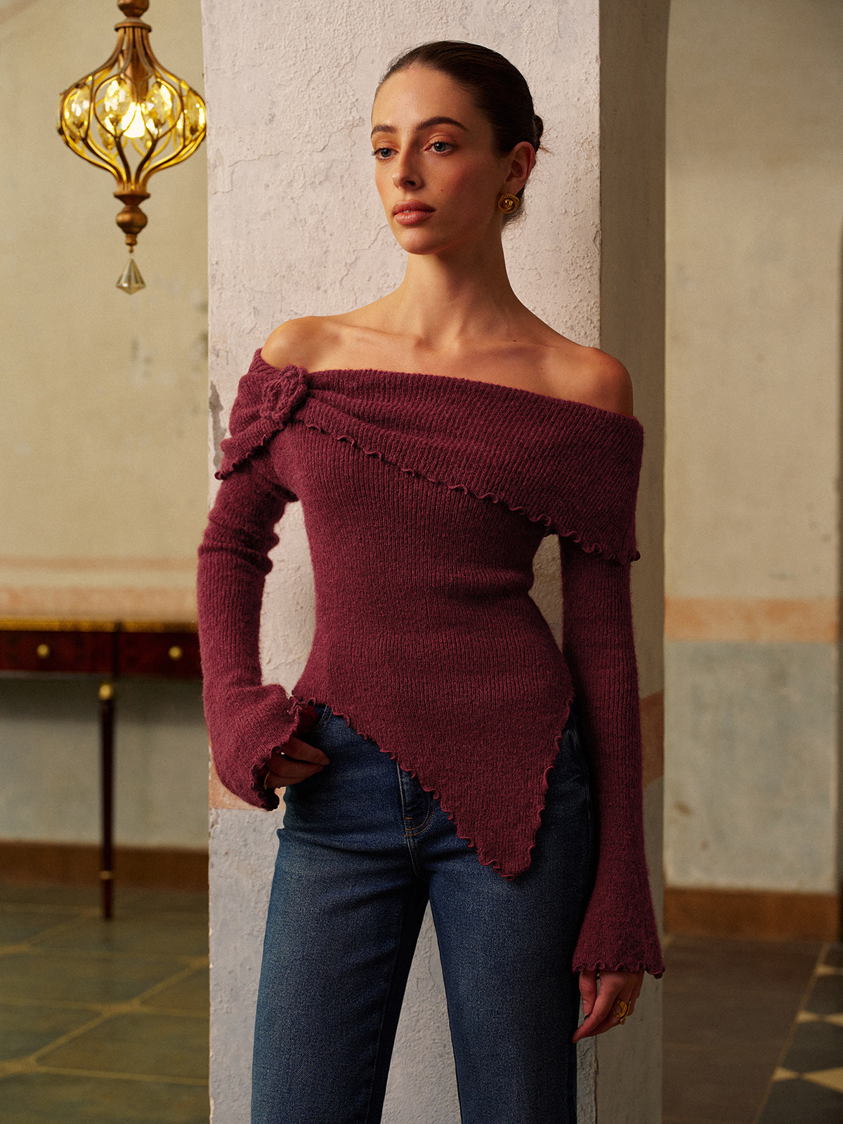 Asimetrik Çiçek Desenli Triko Üst Bordo Slim Fit