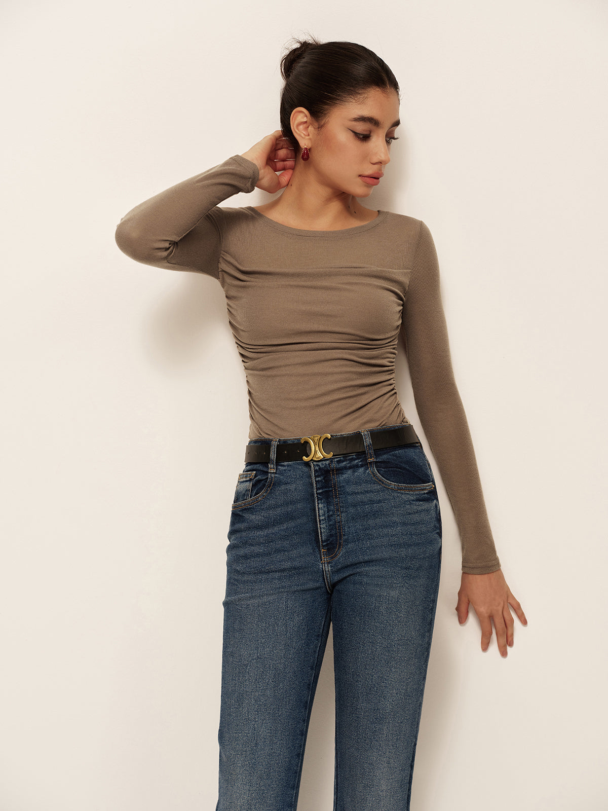 Pliseli Uzun Kollu Slim Fit Tişört Haki