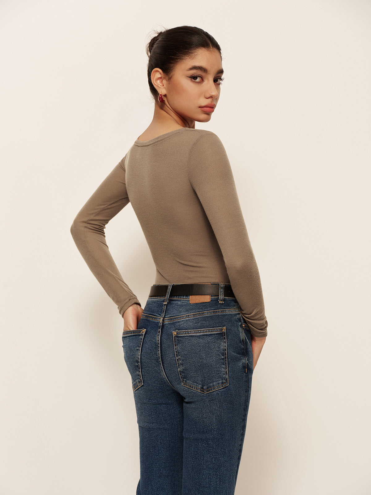 Pliseli Uzun Kollu Slim Fit Tişört Haki