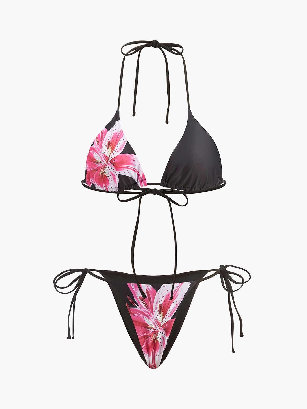 Çiçekli Bikini Takımı File Etek Siyah Pembe