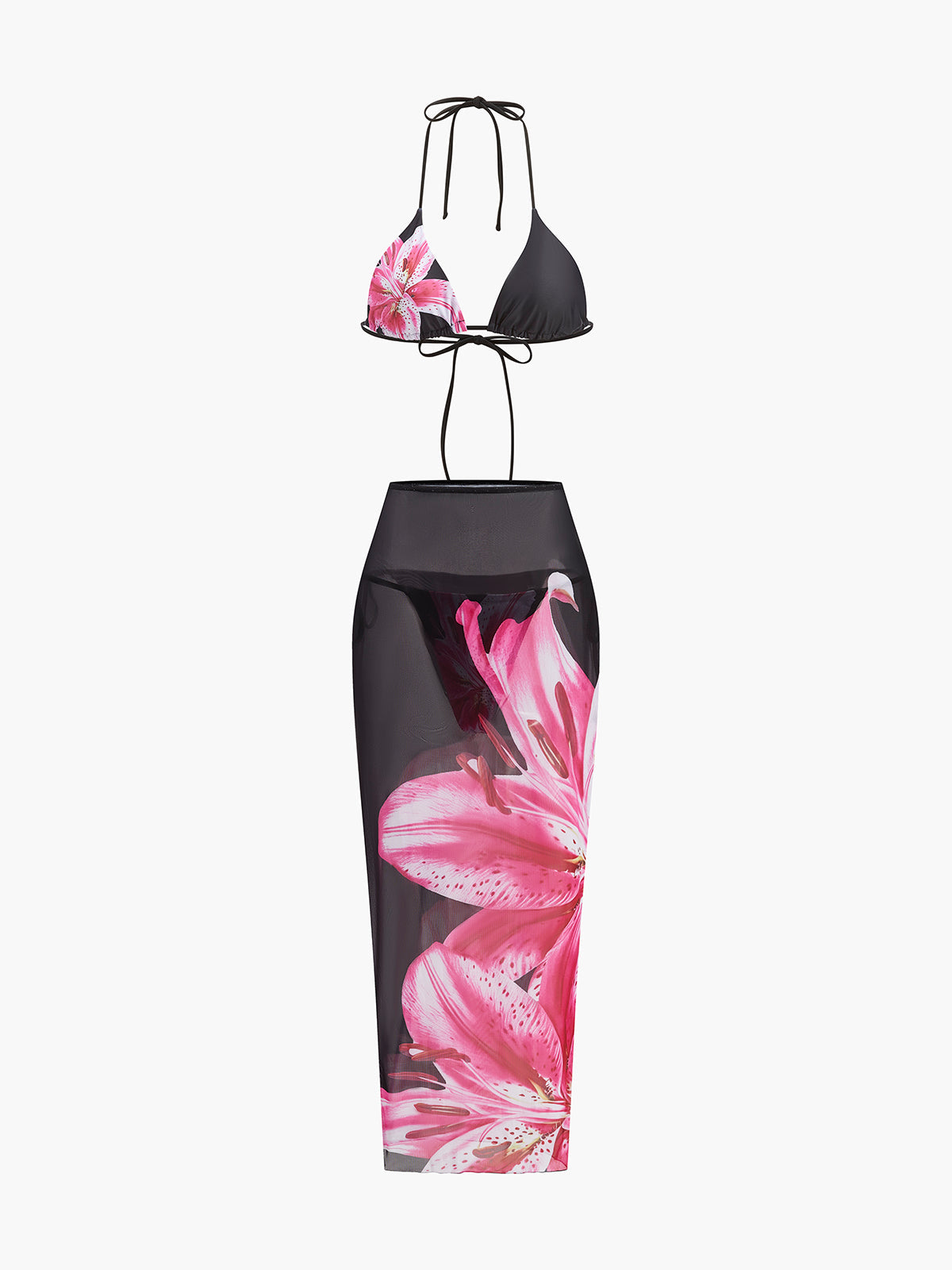 Çiçekli Bikini Takımı File Etek Siyah Pembe