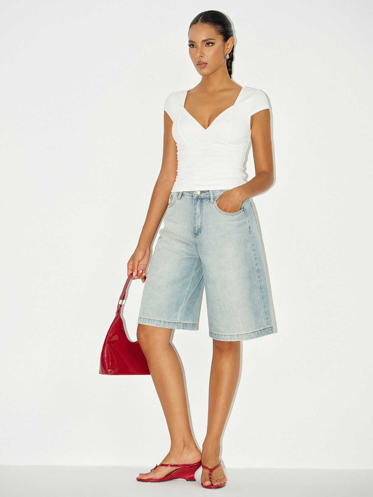 Orta Bel Kot Şort Bermuda Açık Mavi Regular Fit