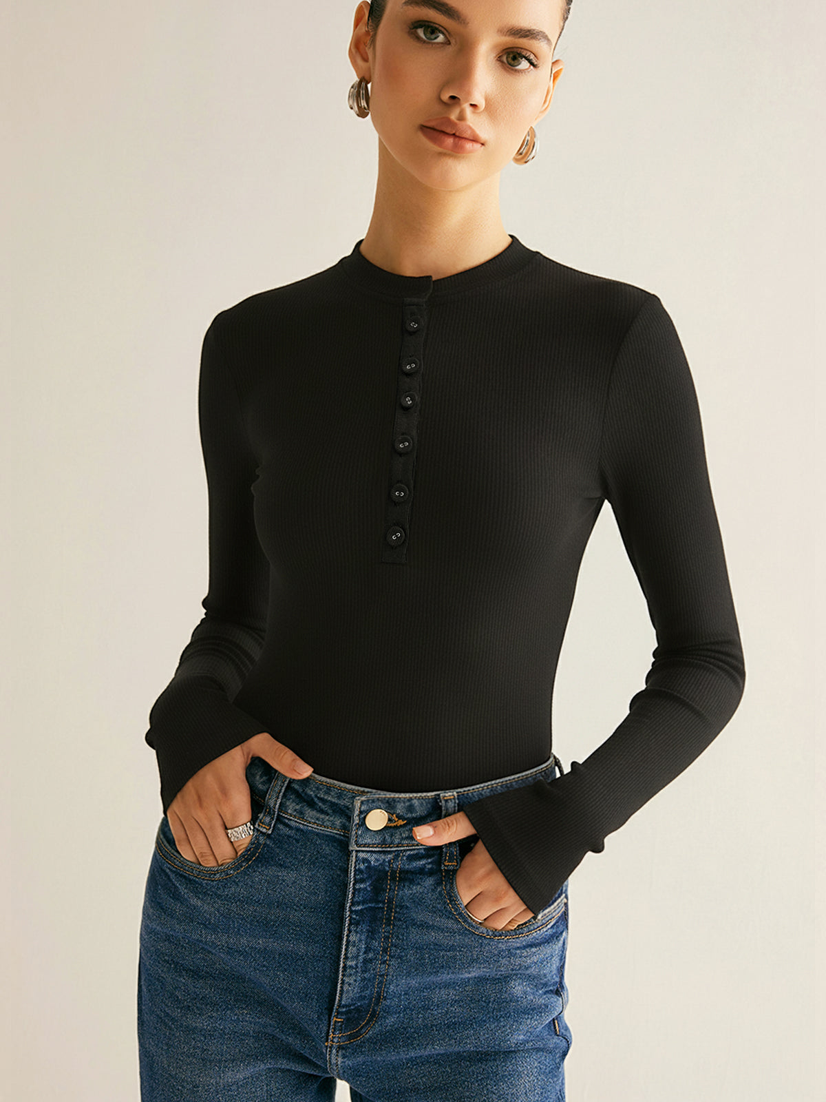 Nakışlı Uzun Kollu Bodysuit Siyah Ribanalı