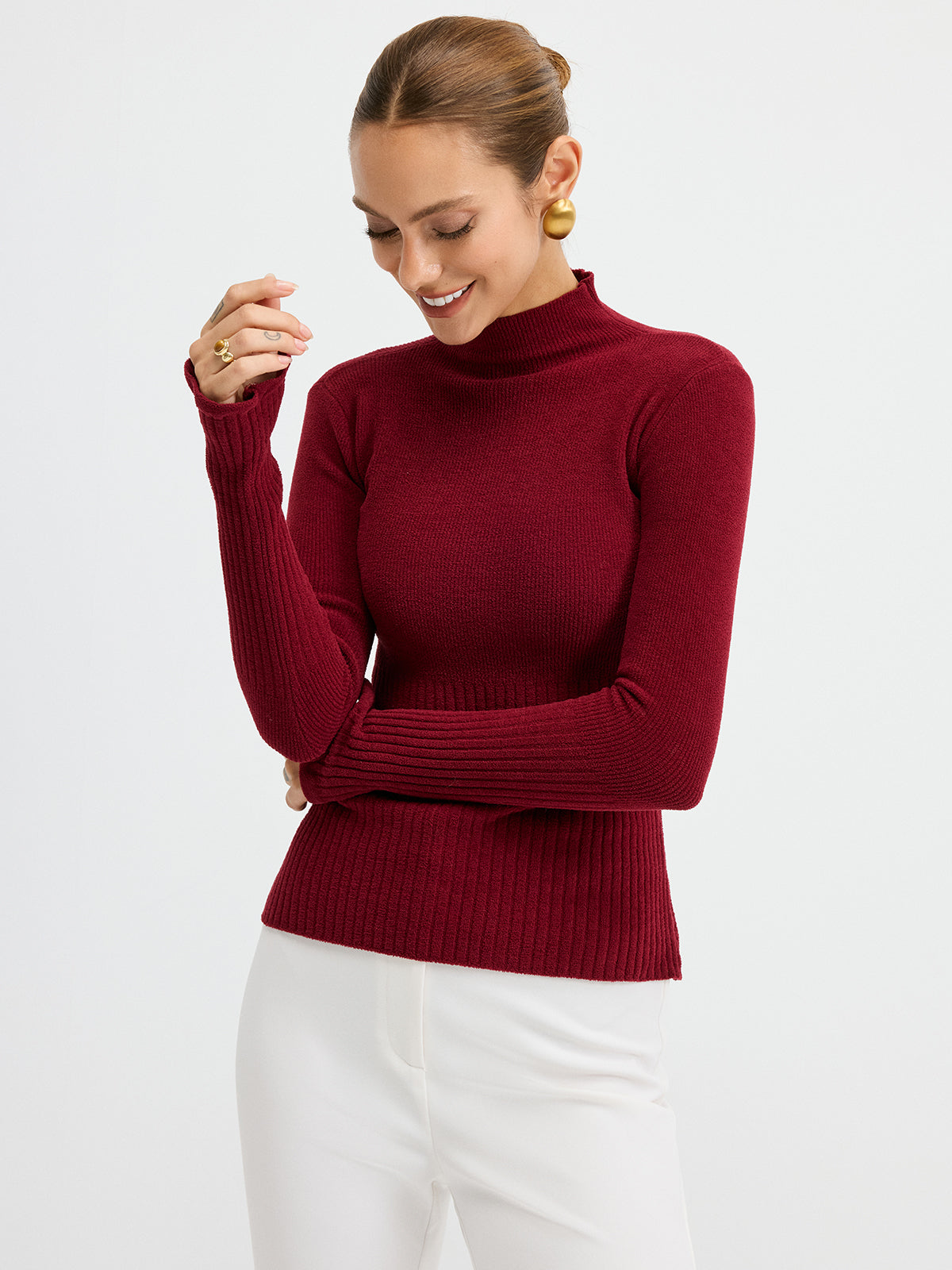 Slim Fit Yarım Balıkçı Yaka Ribana Kazak Bordo