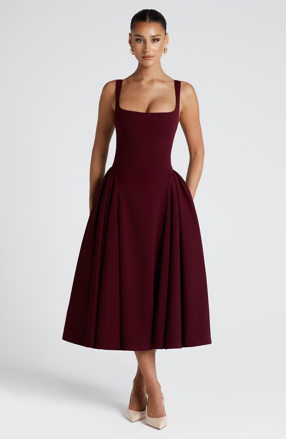 Cherry Kare Yaka & Korsajlı Bordo Midi Elbise