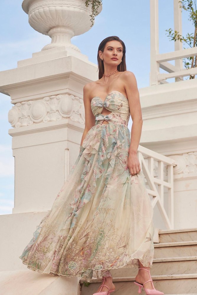 Octavia Baskılı Cut-Out Fırfırlı Maxi Elbise