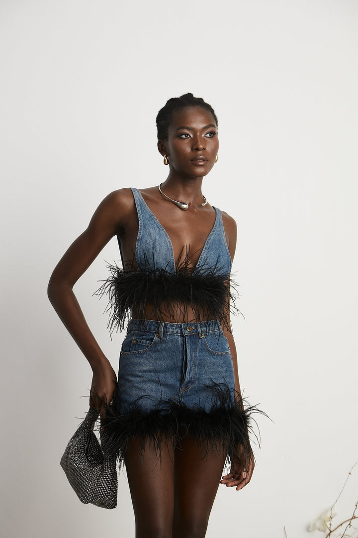 Milia Tüylü Denim Üst Ve Etek Uyumlu Set