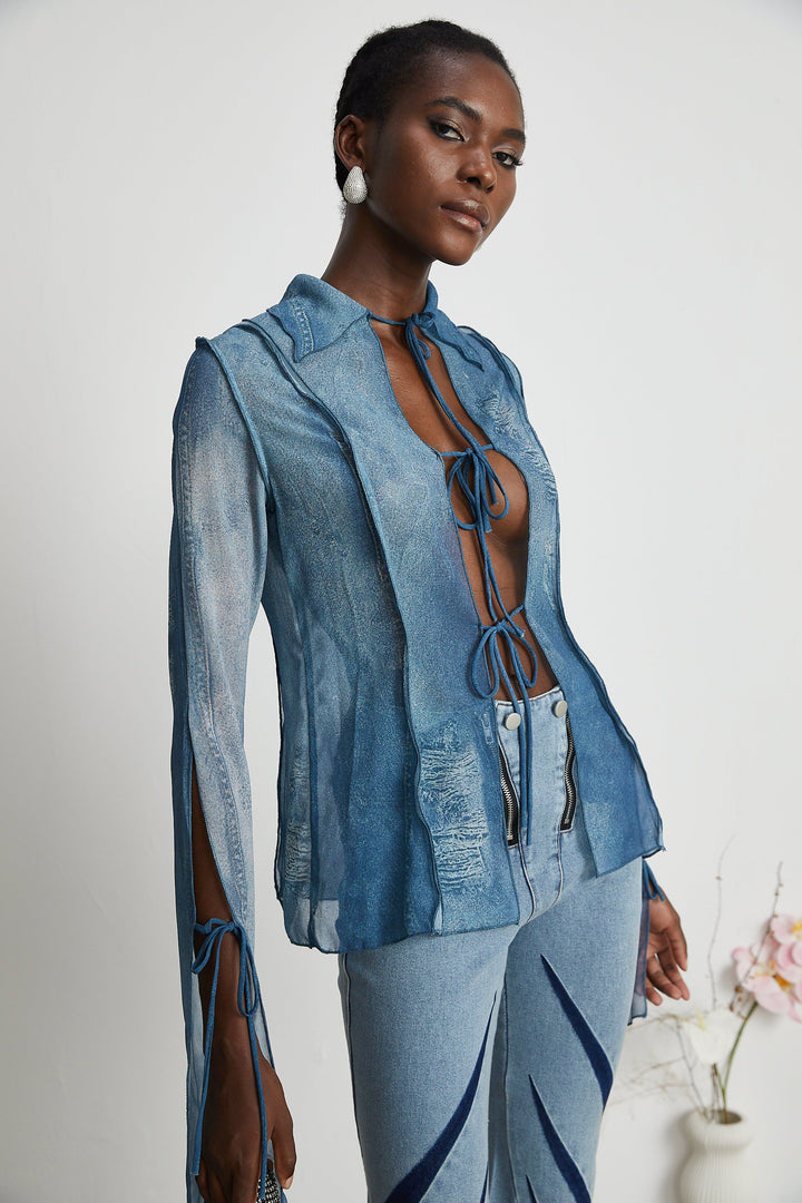 Corin Baskılı Denim Transparan Üst