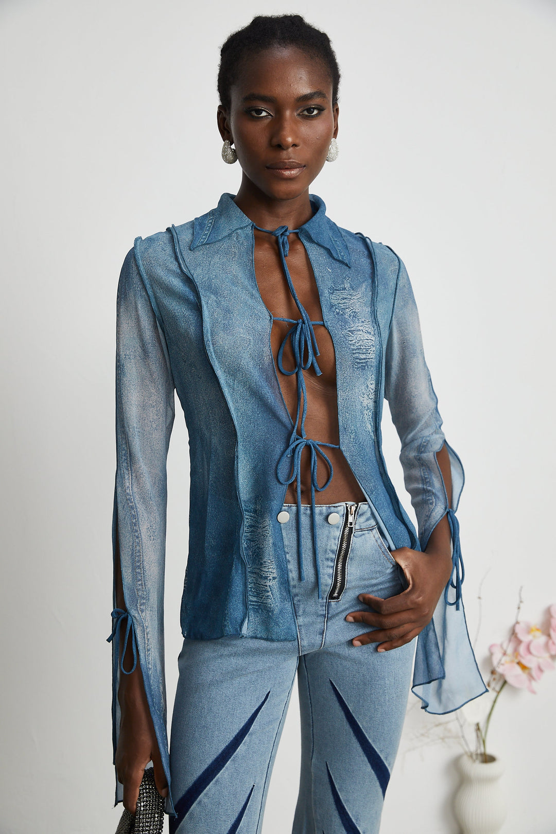 Corin Baskılı Denim Transparan Üst