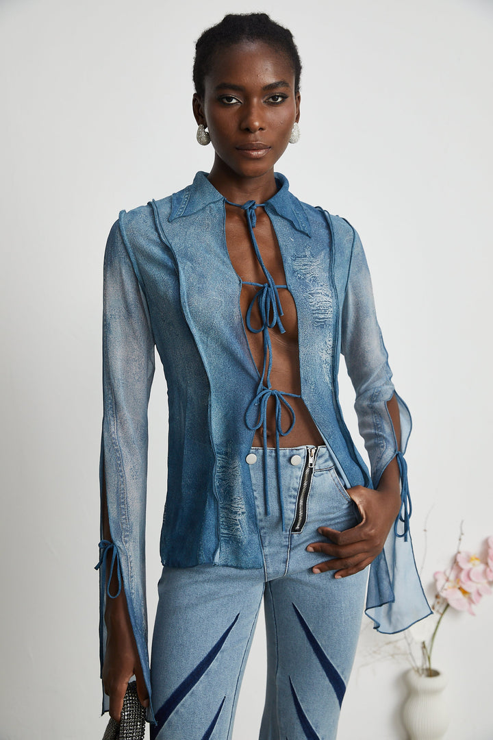 Corin Baskılı Denim Transparan Üst