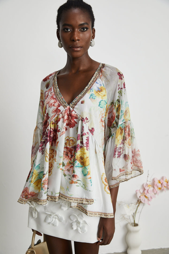 Yvonne V Yaka Çiçek Desenli İşlemeli Bluz