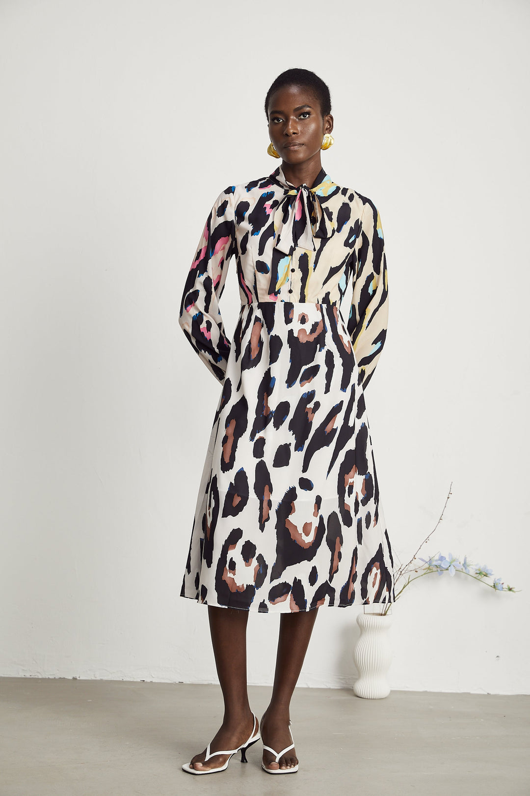 Kalena Leopar Desenli Midi Elbise