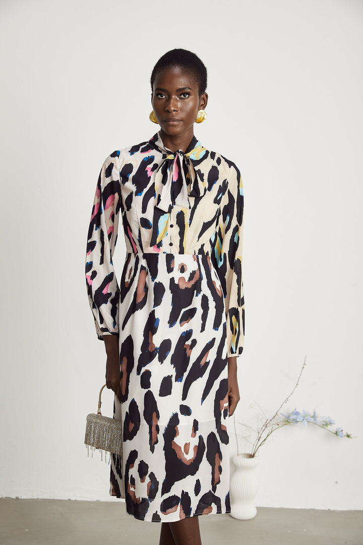 Kalena Leopar Desenli Midi Elbise