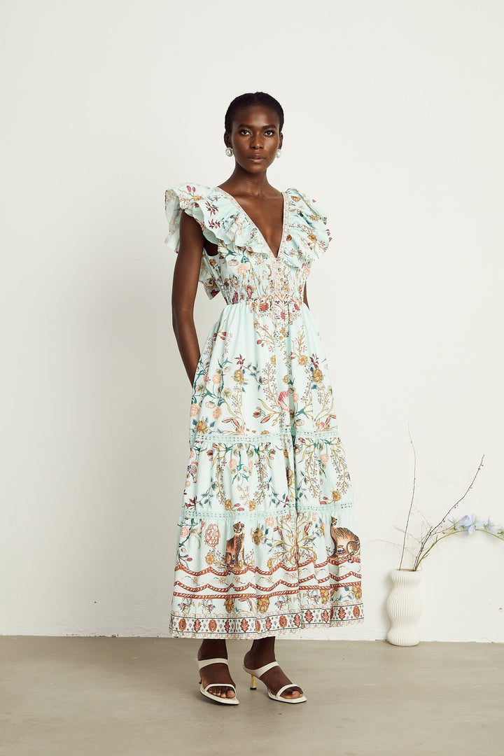 Margot Fırfırlı Çiçek Desenli Kolsuz Maxi Elbise