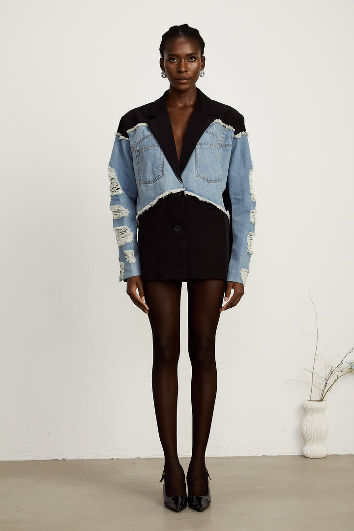 Halley Siyah Denim Panelli Yırtık Blazer