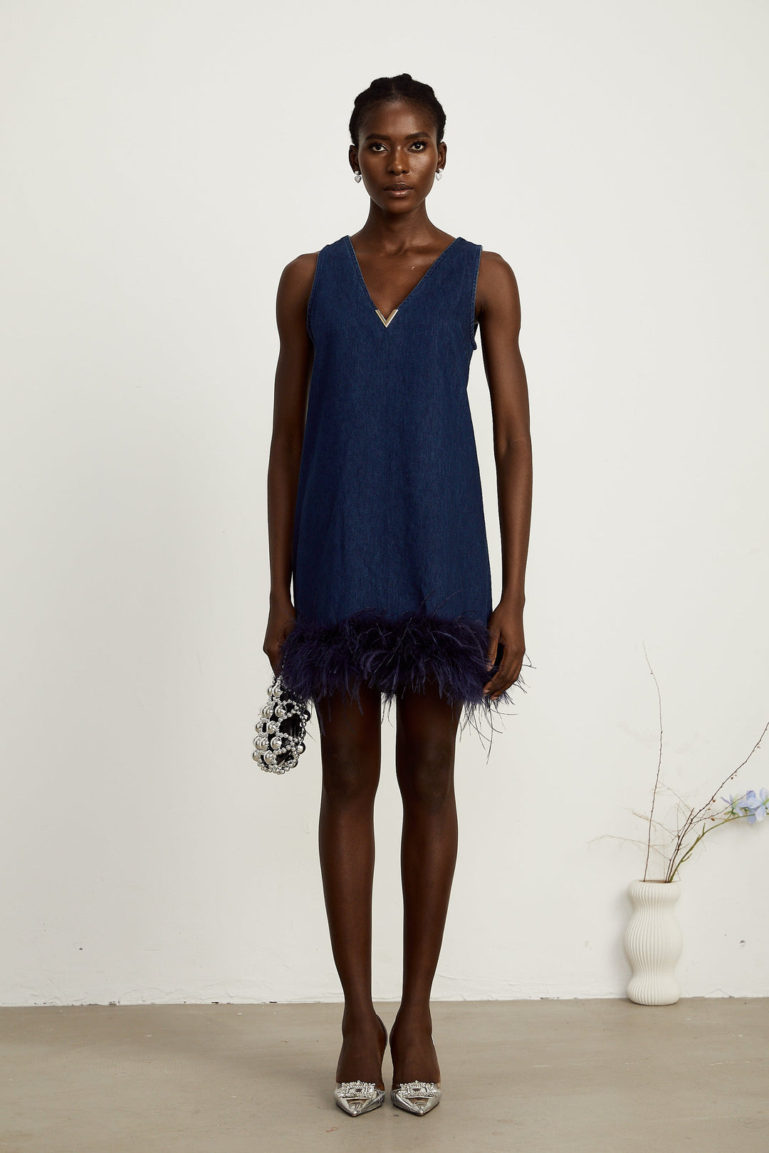 Éloïse Mavi Kolsuz Tüy Detaylı Denim Mini Elbise