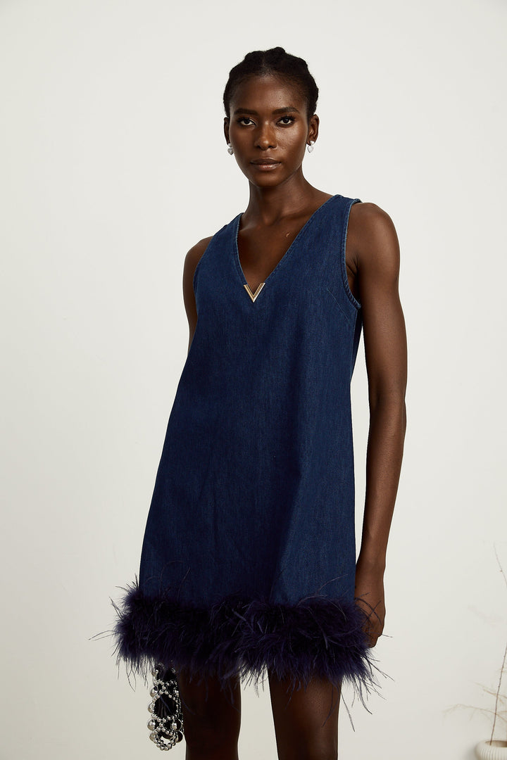 Éloïse Mavi Kolsuz Tüy Detaylı Denim Mini Elbise