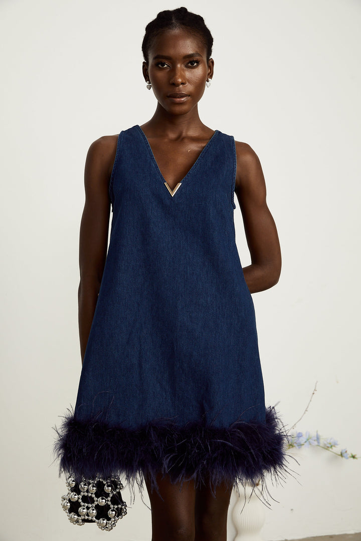 Éloïse Mavi Kolsuz Tüy Detaylı Denim Mini Elbise
