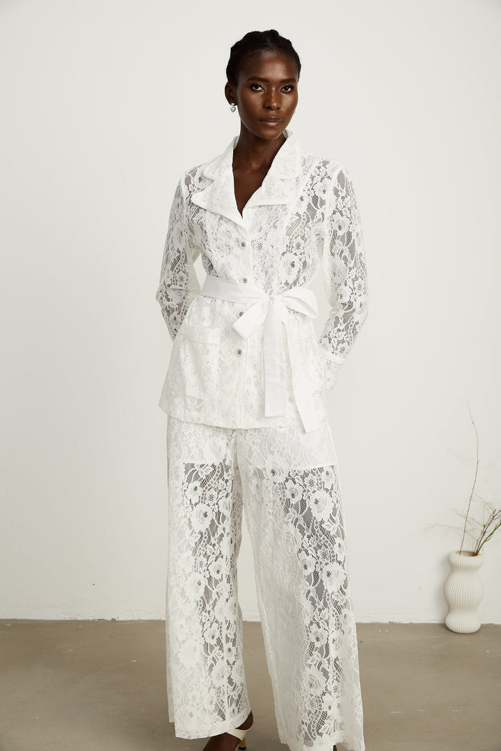 Chloé Beyaz Fitilli Dantel Blazer Ve Pantolon Uyumlu Set