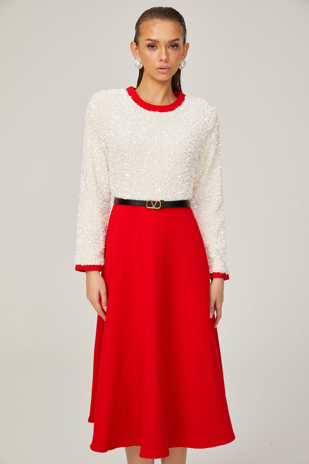 Chloé Kırmızı Uzun Kollu Pullu Patchwork Midi Elbise
