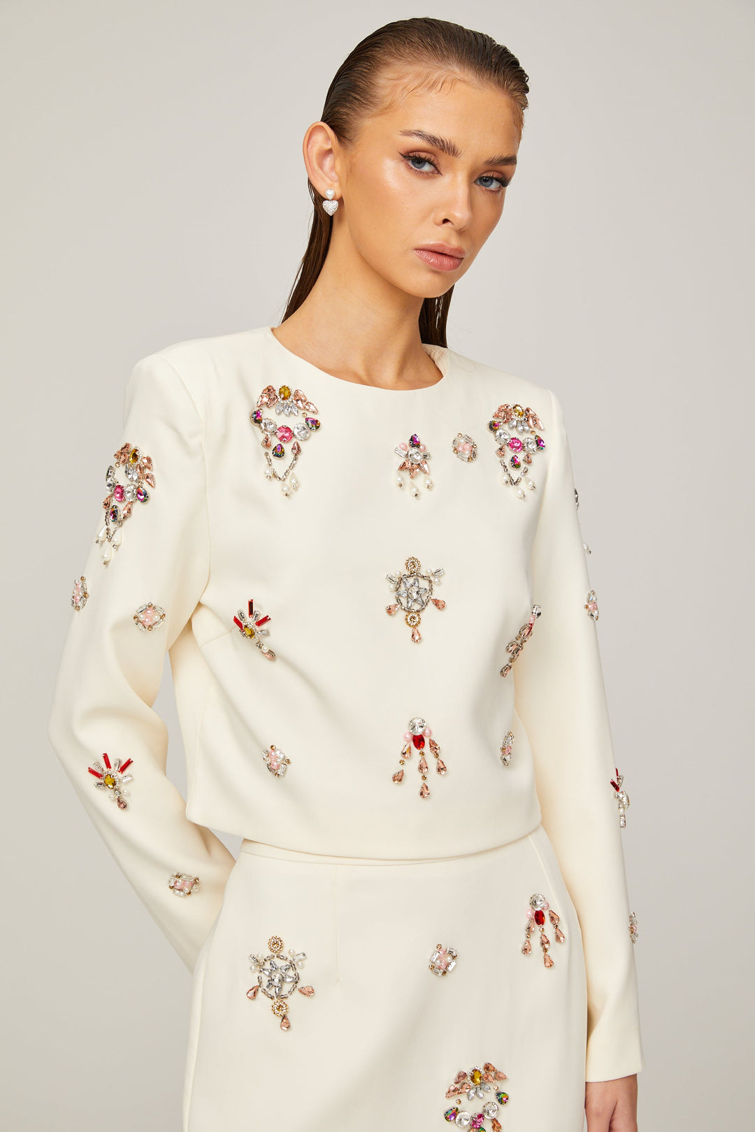 Jeanne Beyazı Kristal İşlemeli Üst Ve Etek Uyumlu Takım