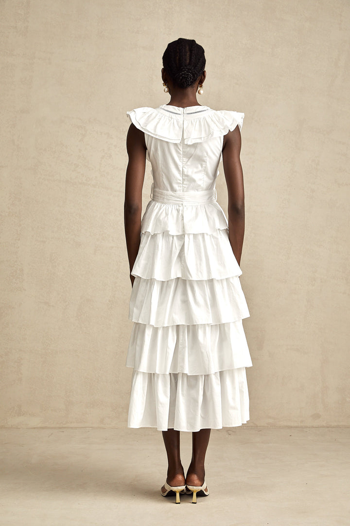 Catherine Beyaz Fırfır Detaylı Katlı Midi Elbise