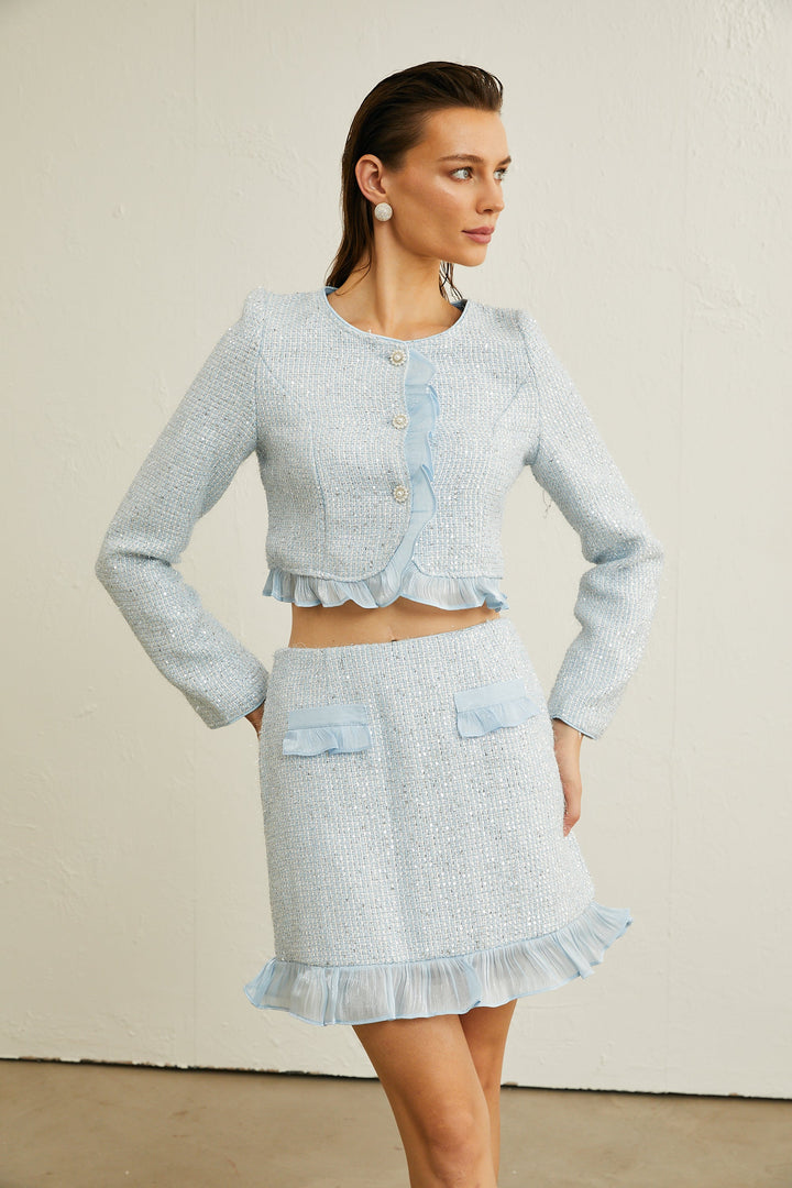 Viviane Fırfırlı Tüvit Blazer &amp; Etek Kombin Seti
