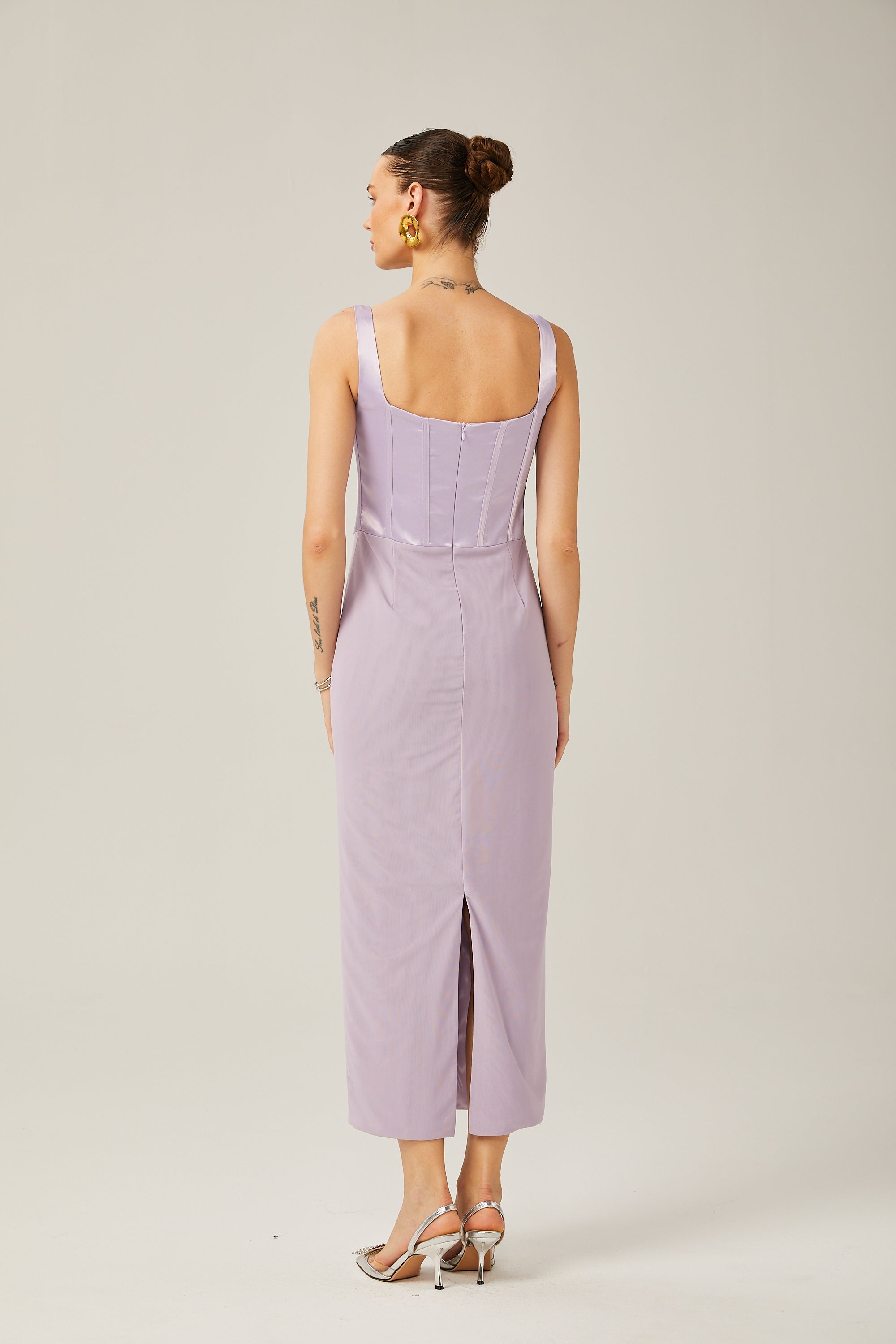 Amelina Mor Saten Korse Midi Elbise
