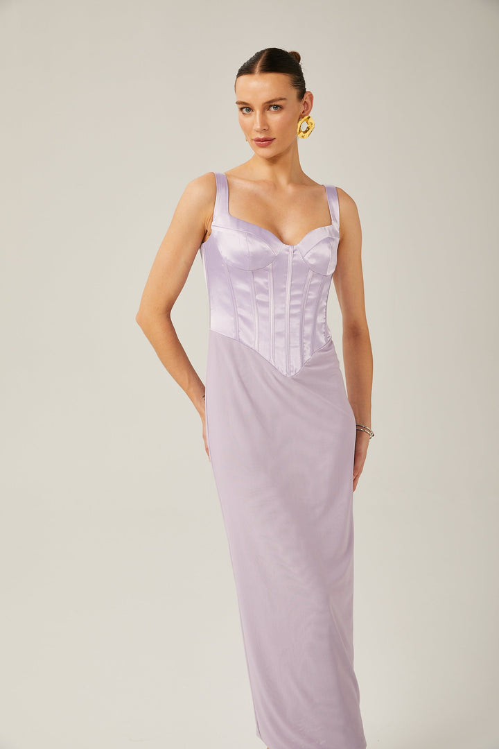 Amelina Mor Saten Korse Midi Elbise