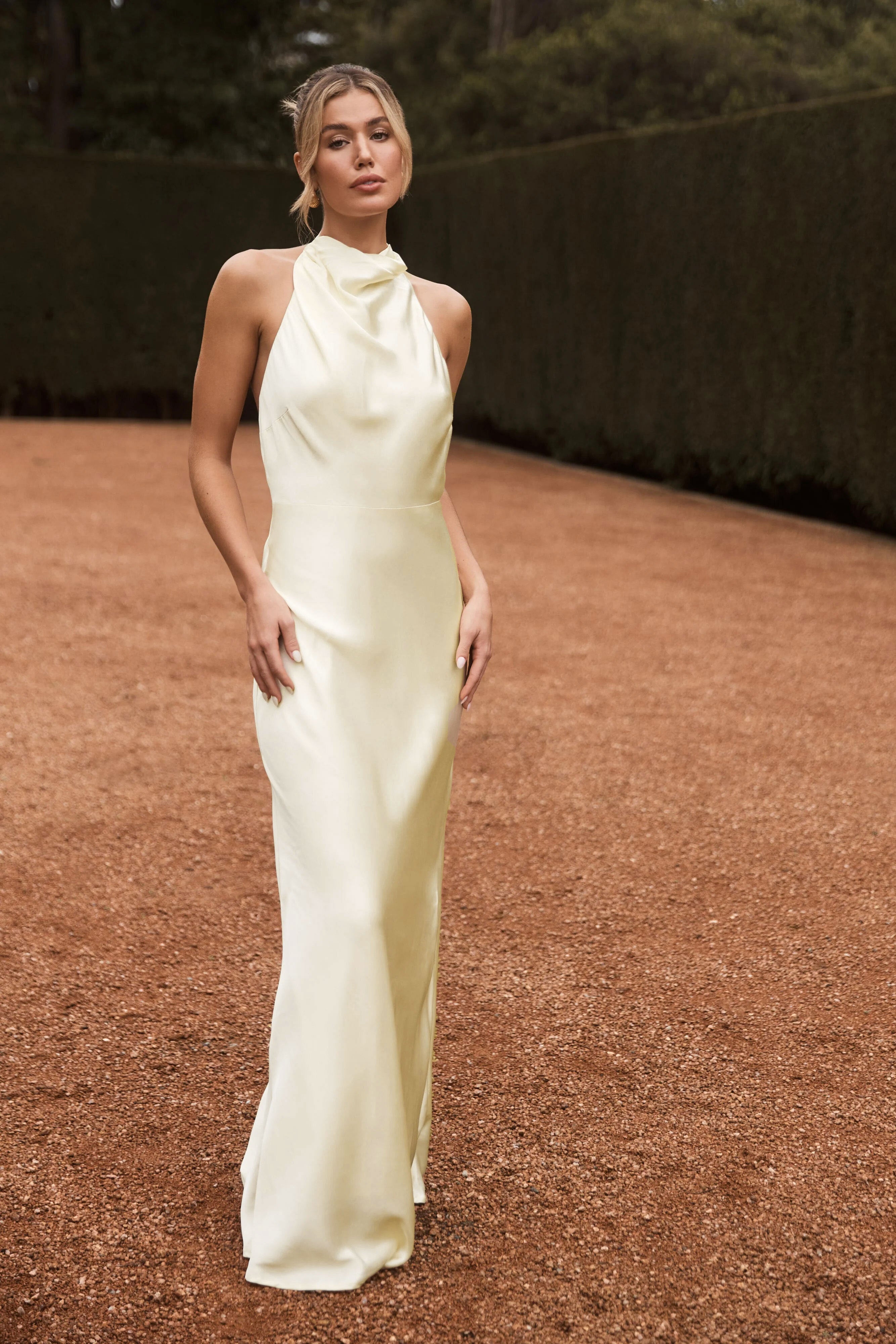 Esther Yanardöner Saten Cowl Maxi Elbise - Limon Şerbeti