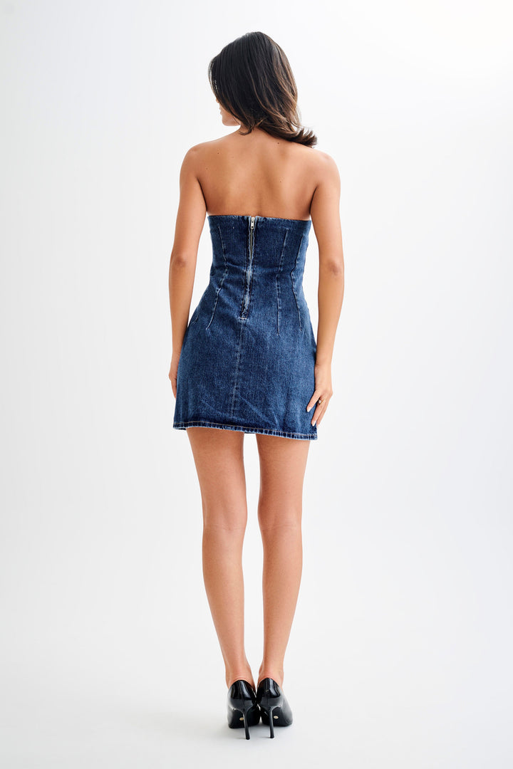 Cecily Straplez Denim Mini Elbise - Koyu Mavi