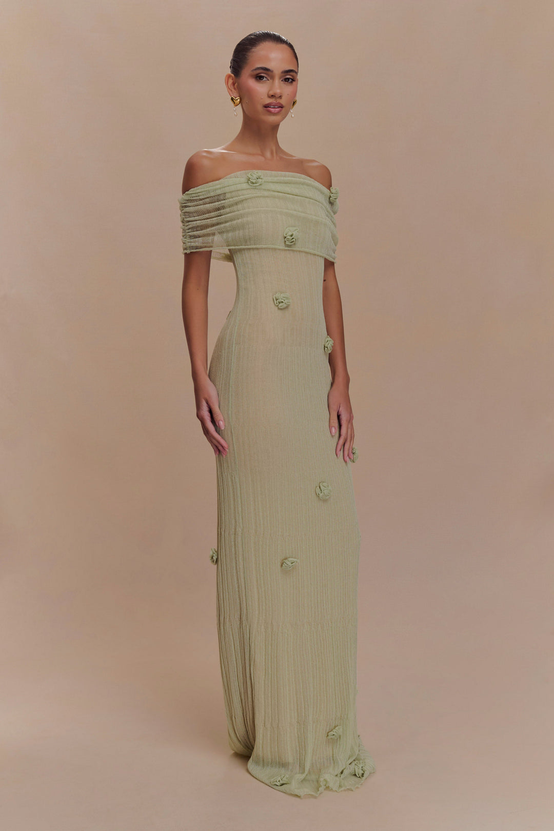 Brynn Orkide Örgü Maxi Elbise - Pastel Yeşil
