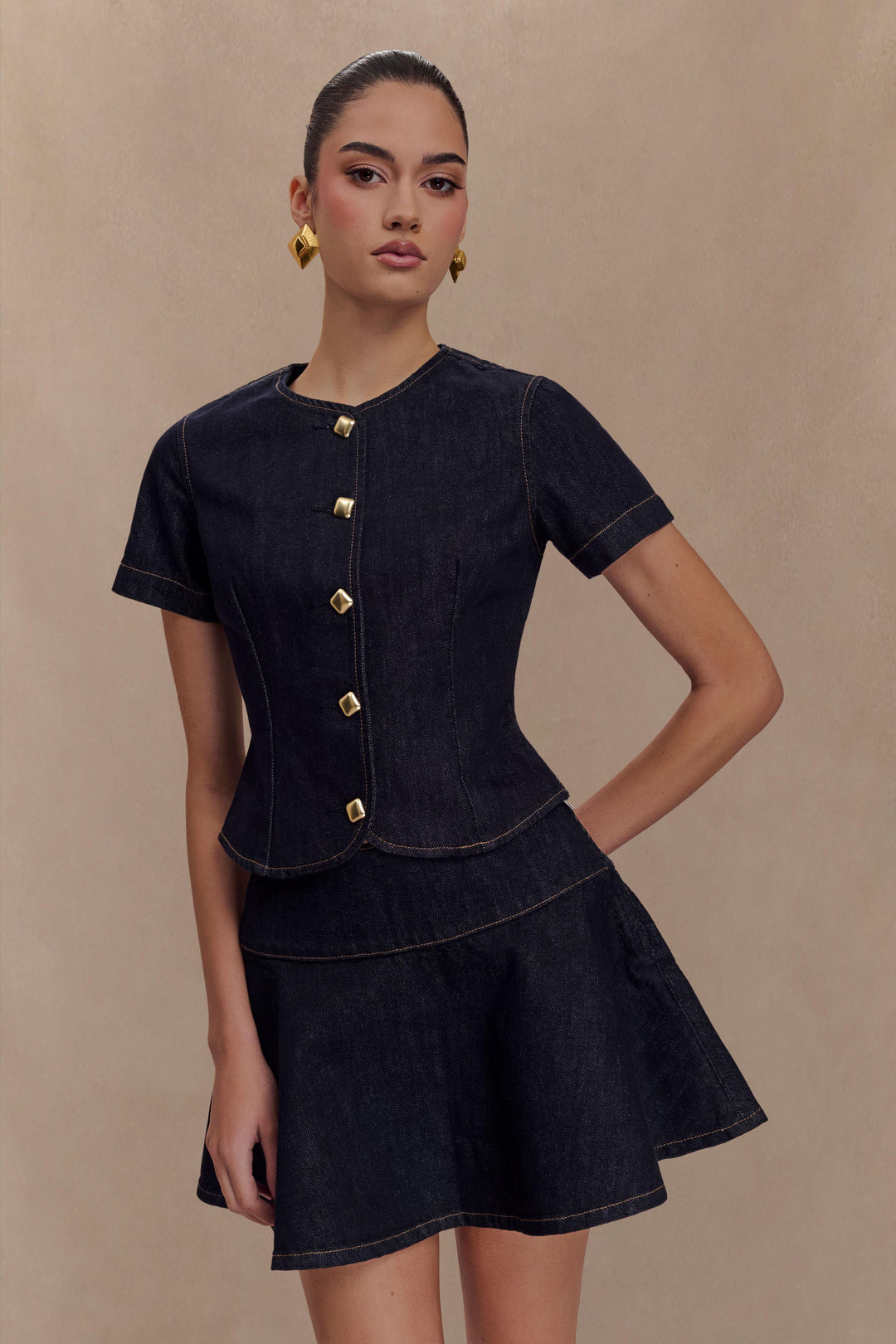 Bethany Kısa Kollu Düğmeli Denim Üst - Yıkanmış İndigo Mavi