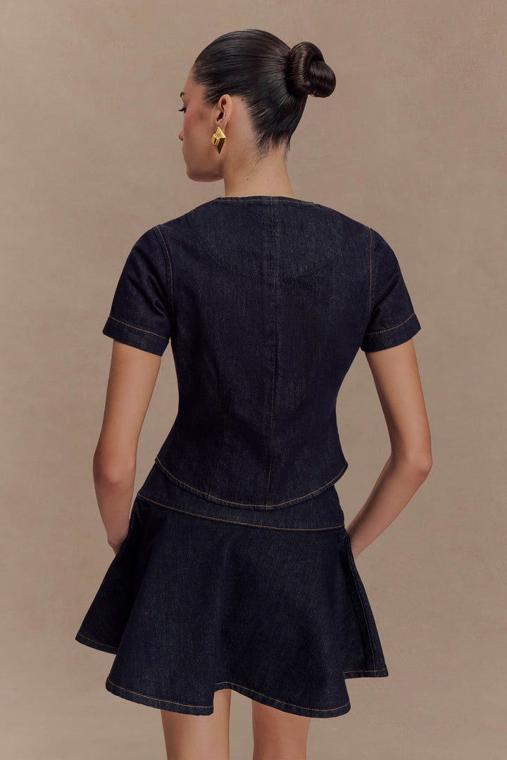 Bethany Kısa Kollu Düğmeli Denim Üst - Yıkanmış İndigo Mavi