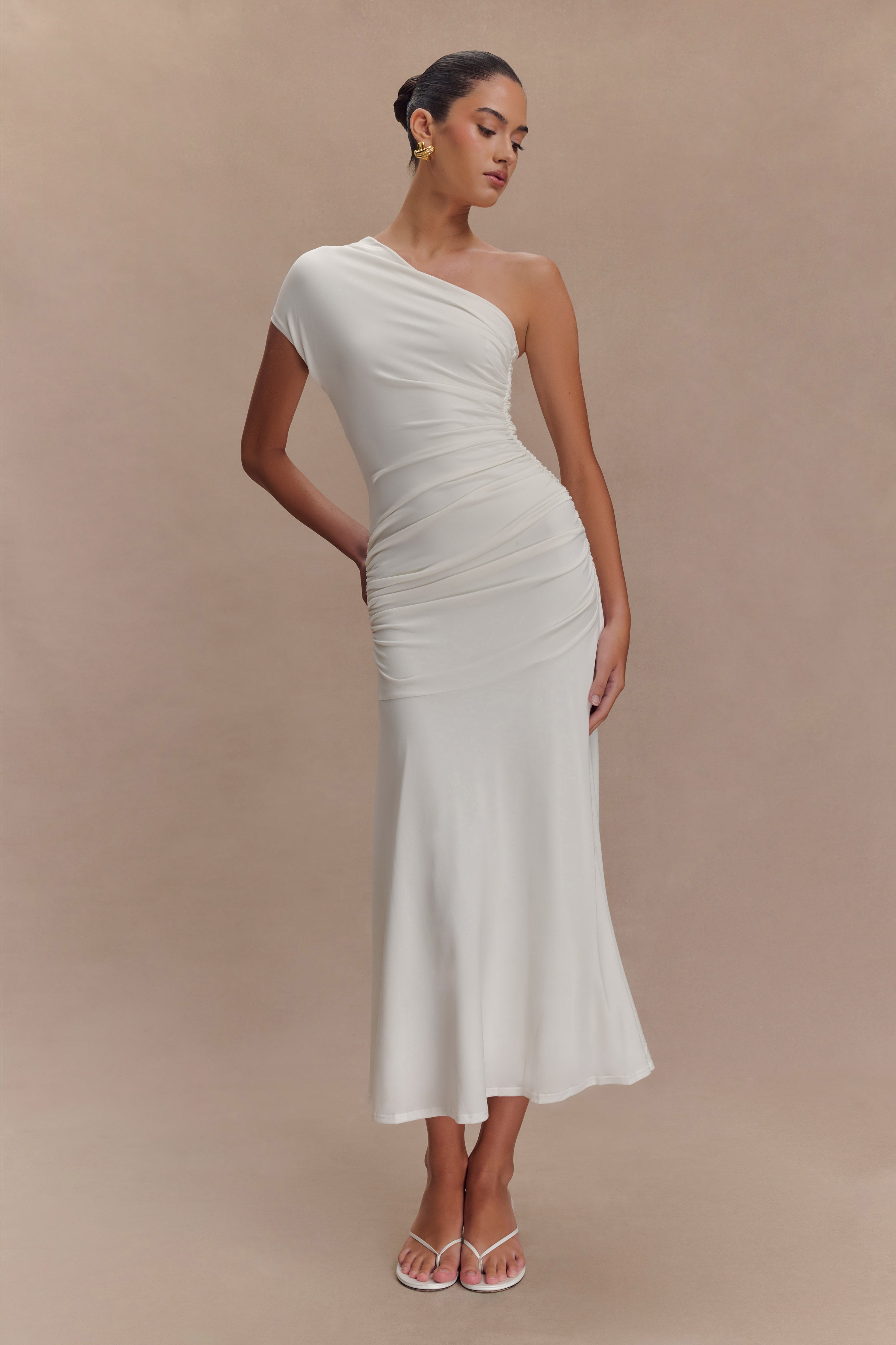 Chloe Şeftali Jersey Tek Omuz Midi Elbise - Fildişi