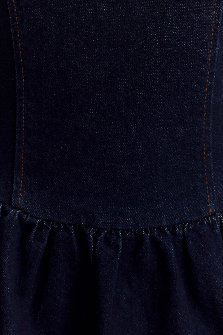 Caroline Denim Boyundan Bağlamalı Midi Elbise - İndigo Mavi
