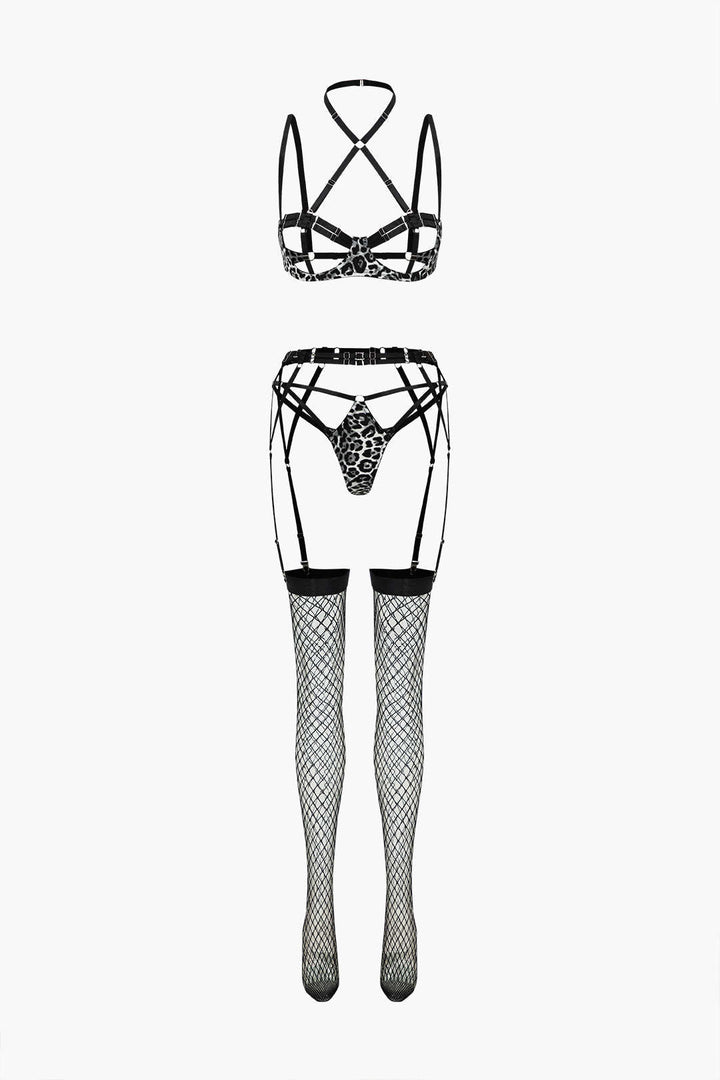 Leopar Desenli Sırt Dekolteli Kuşaklı İç Giyim Garter Seti