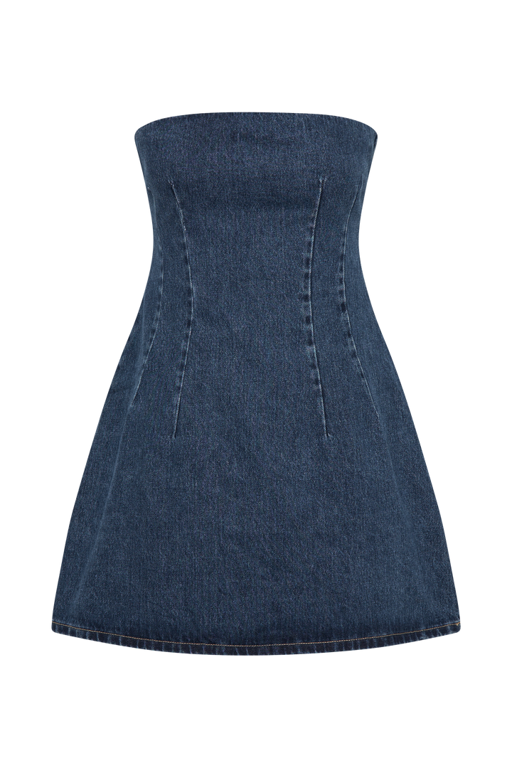 Cecily Straplez Denim Mini Elbise - Koyu Mavi