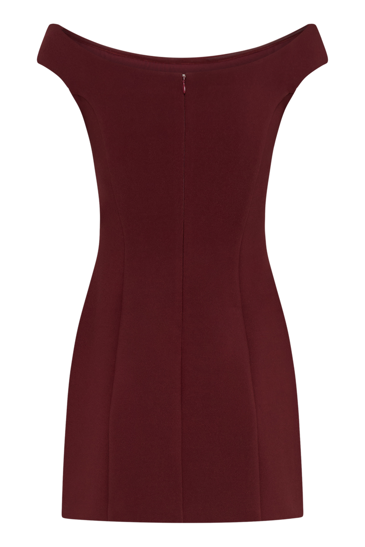 Levaru  Cassidy Krep Düşük Omuz Mini Elbise - Merlot