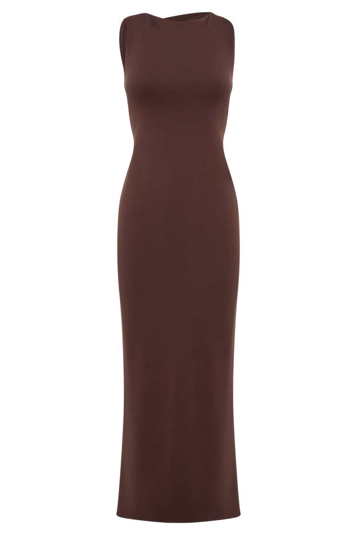 Catelyn Asimetrik Scuba Jersey Midi Elbise - Kakao Kahvesi