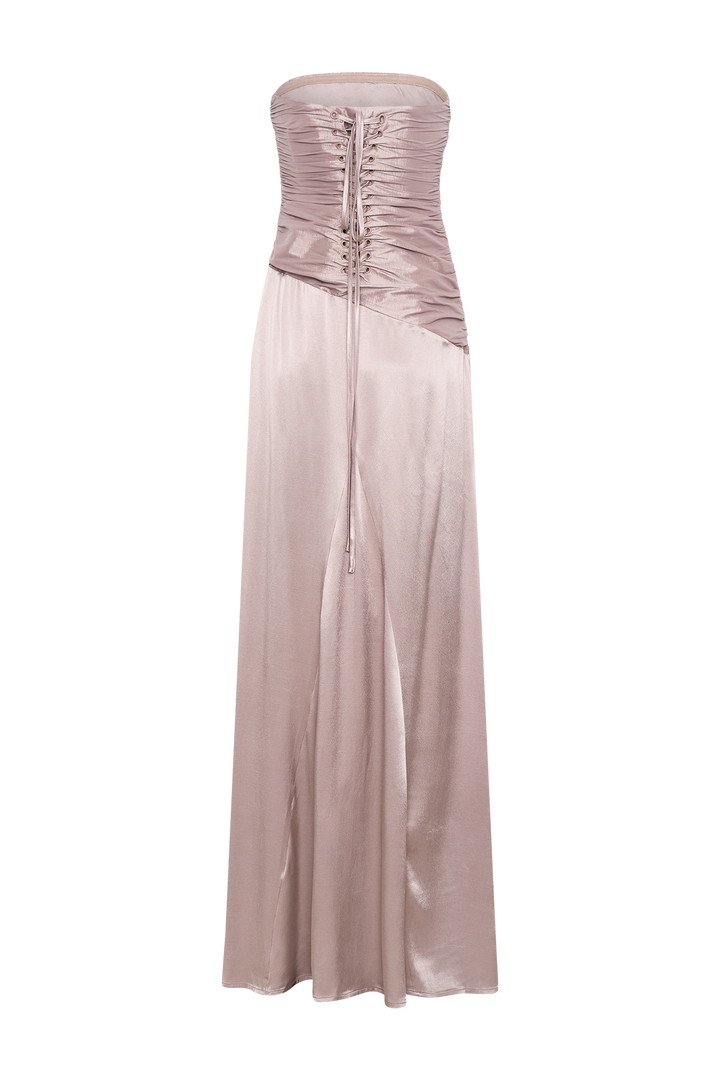Serena Straplez Tafta Maxi Elbise - Bronz Taupe
