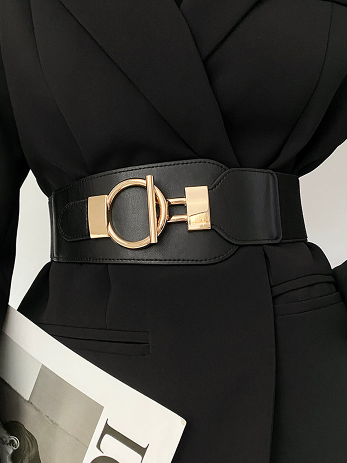 Metal Lariat Esnek Geniş Kemer Siyah Altın Detaylı