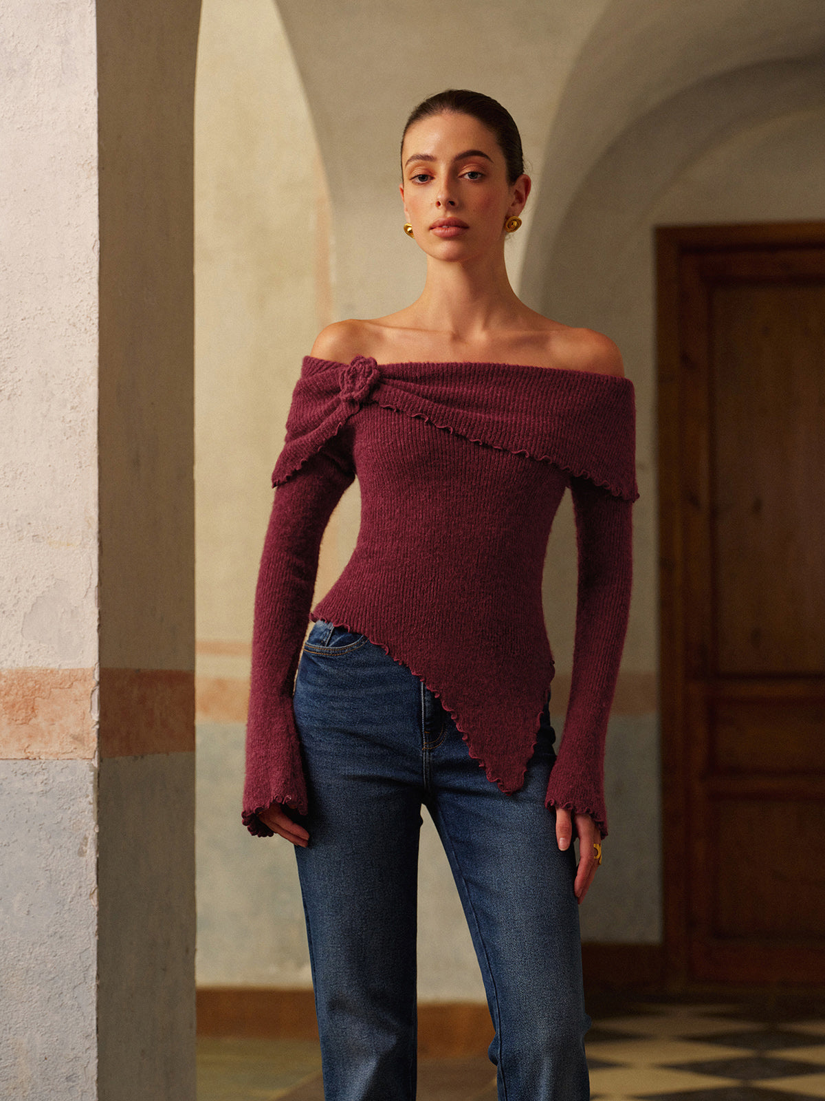 Asimetrik Çiçek Desenli Triko Üst Bordo Slim Fit