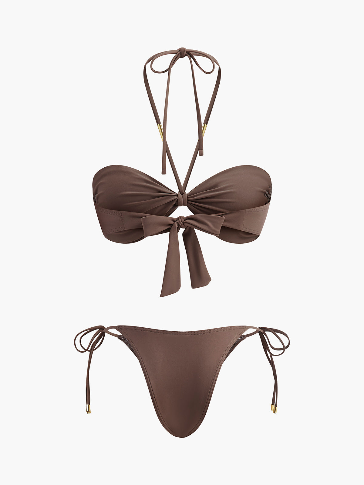 Kravat Detaylı Halter Bikini Seti Kahverengi