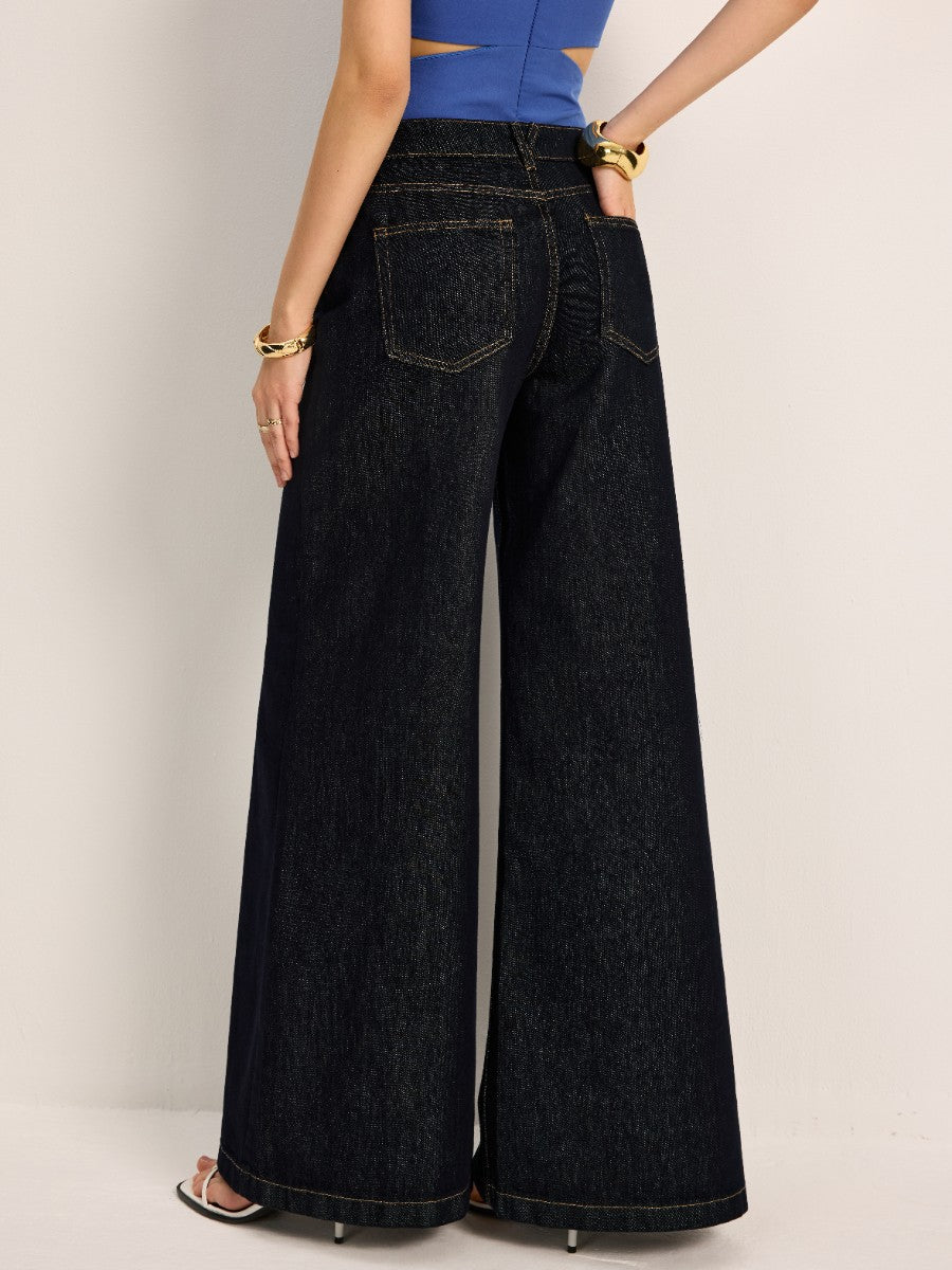 Yüksek Bel Geniş Paça Denim Pantolon Mavi