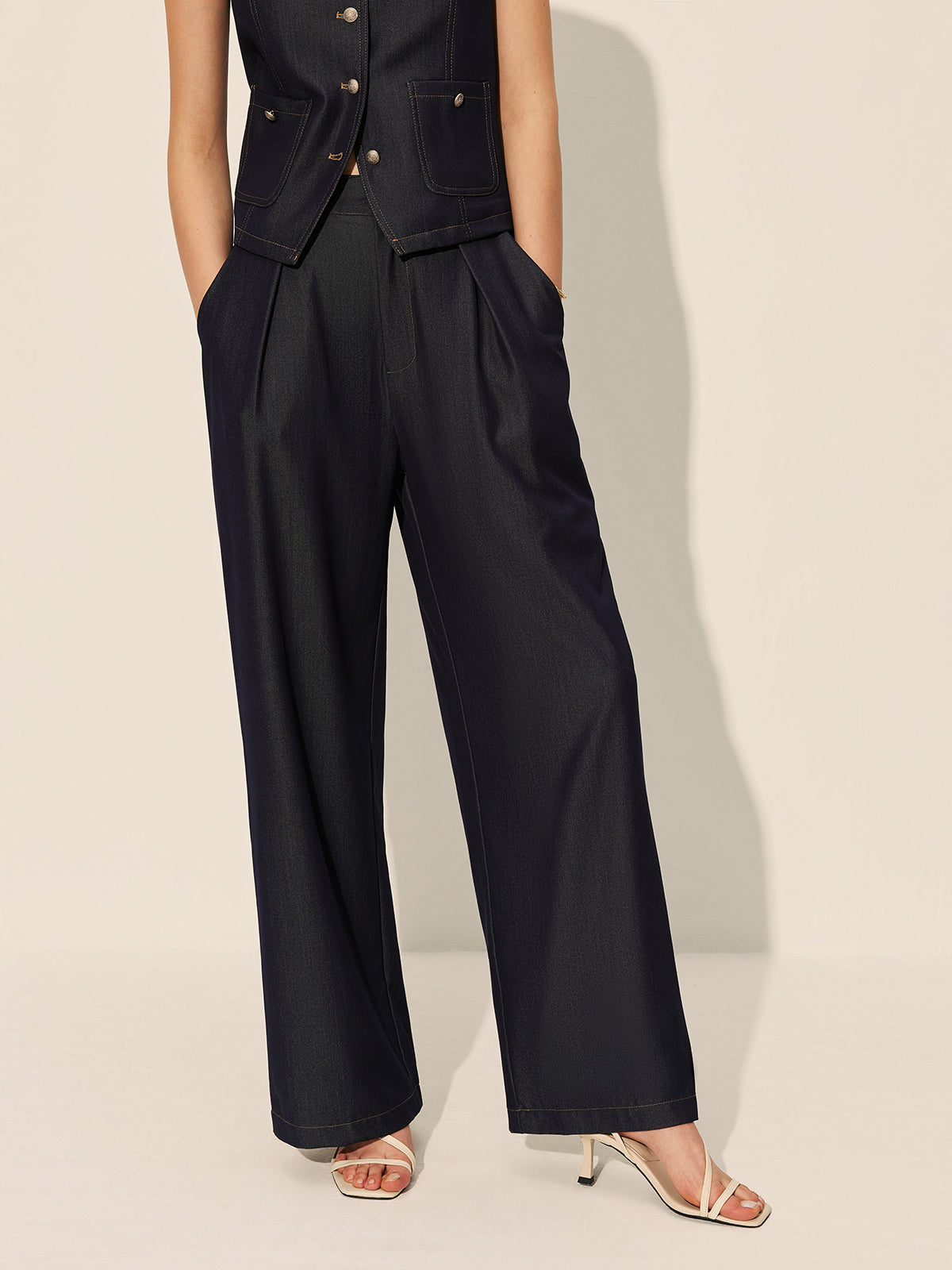 Orta Bel Geniş Paça Denim Pantolon Lacivert Cepli