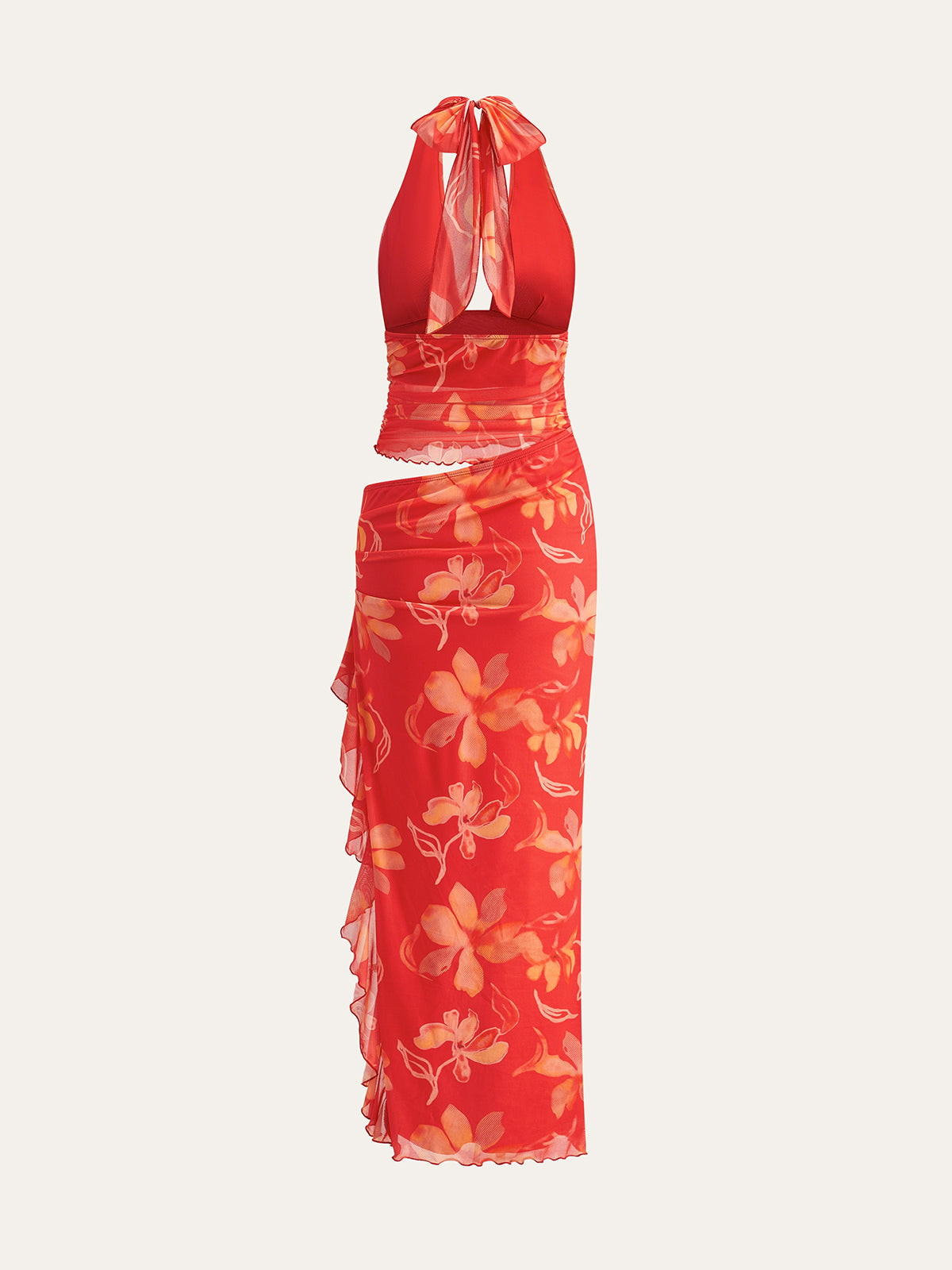Yarım Şeffaf Çiçekli Halter Maxi Elbise Kırmızı