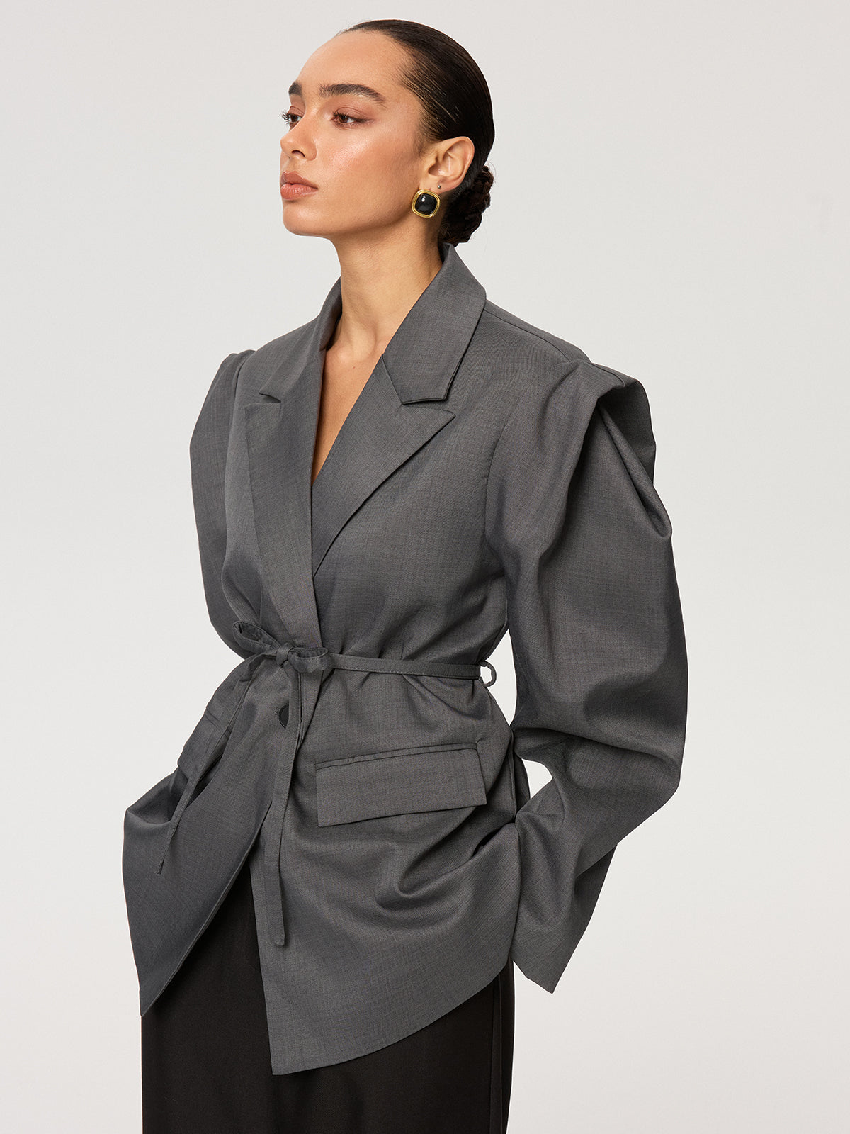 Kemerli Uzun Kollu Blazer Gri Bağcıklı